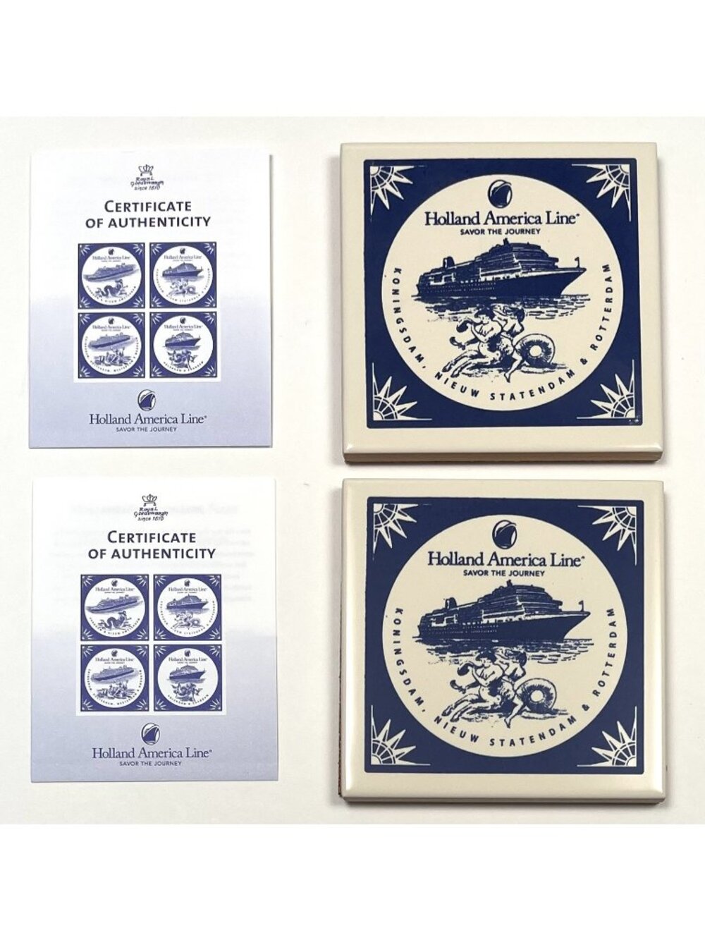 Lot 2 Holland America Line Cruise 4" Blue/White Tile COASTERS Delftware NIB NEW